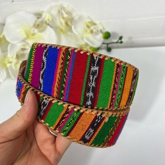 Guatemalan Leather Cotton Women’s Handmade Colorful Belt size 31in waist - Picture 3 of 8